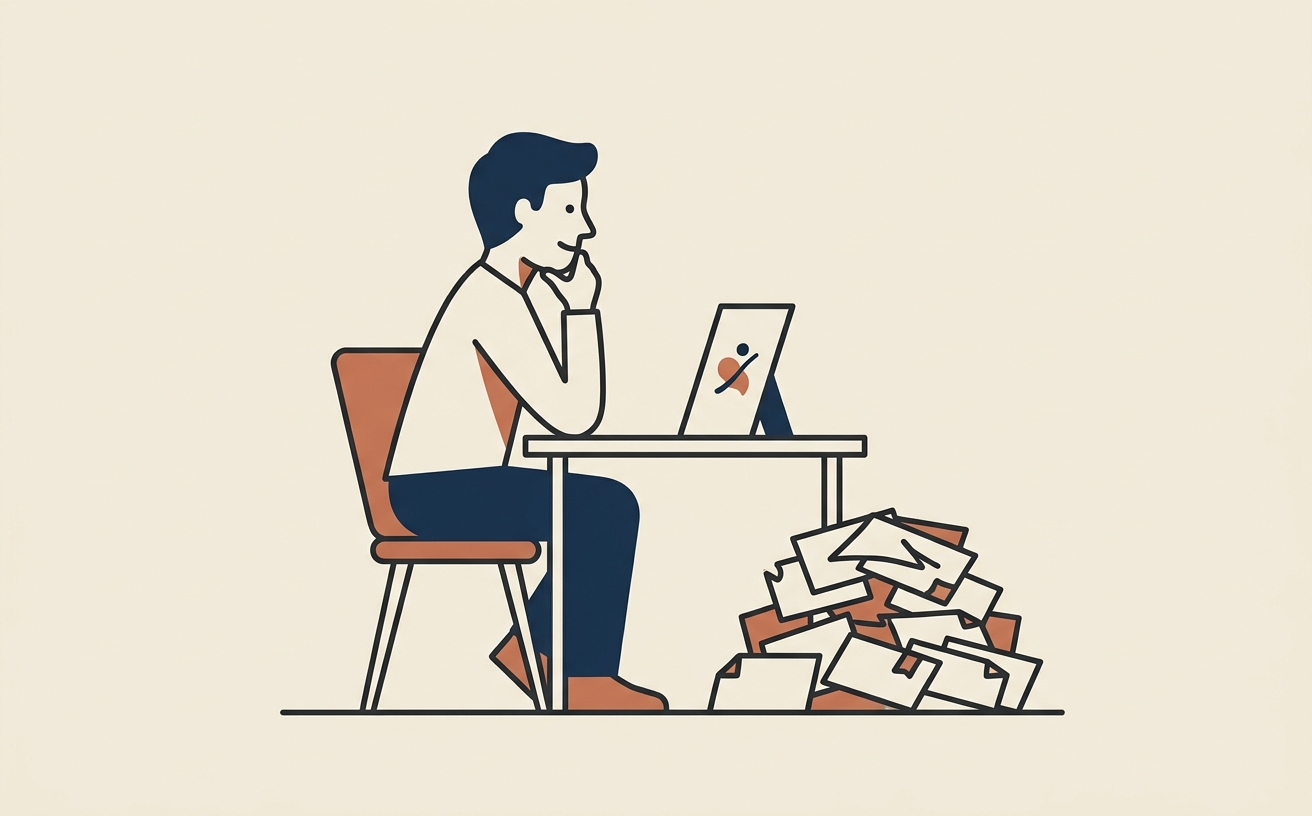 A person at a desk with one beautifully illustrated card upright, an old pile of index cards pushed aside