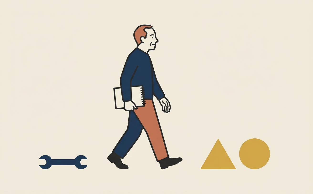 A person walking forward carrying a notebook, with simple icons from an old field behind and design symbols ahead