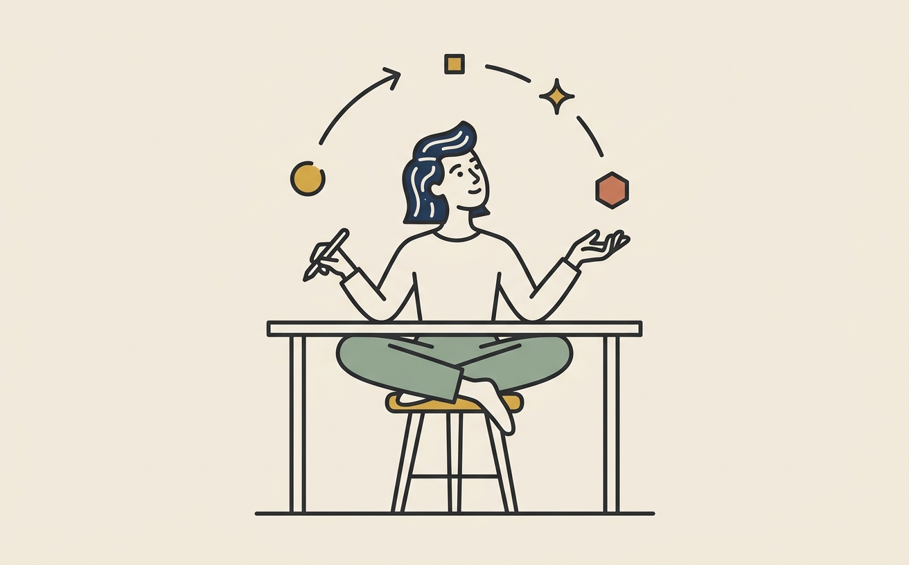 A designer surrounded by floating tokens, motion arrows and design symbols